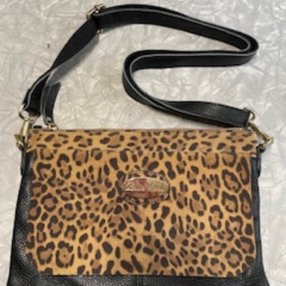 BLUE SKY CLOTHING Clutch or Shoulder Bag Black Leather with Leopard Front Flap